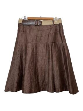 Steilmann silk A line skirt brown distressed belted waist size 8